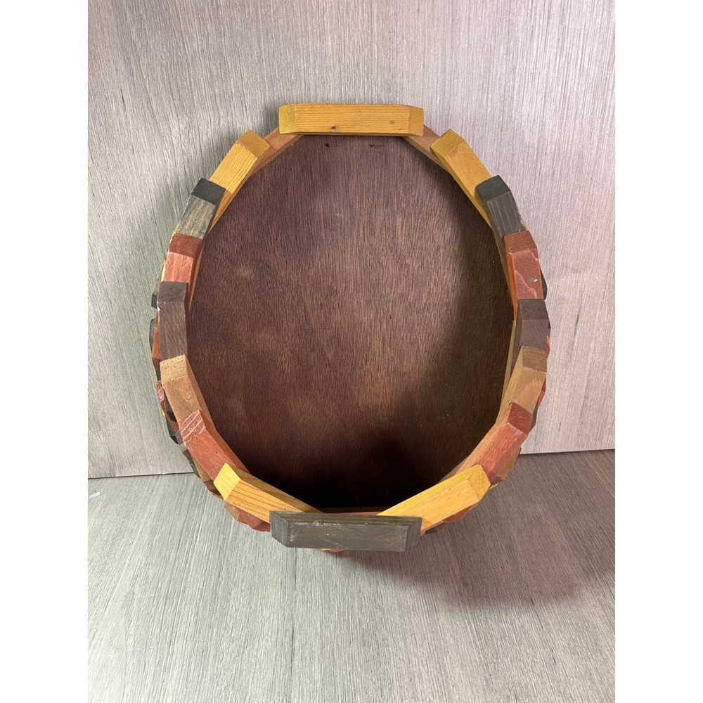 Vintage Handcrafted Multi Tone Stacked Wood Slat Oval Basket Rustic Decor